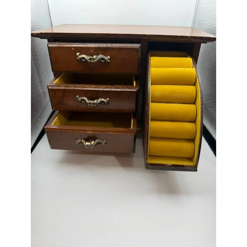 Vintage Wooden Jewelry Box Armoire Chest 3 Drawers Ring Roll Cabinet Organizer